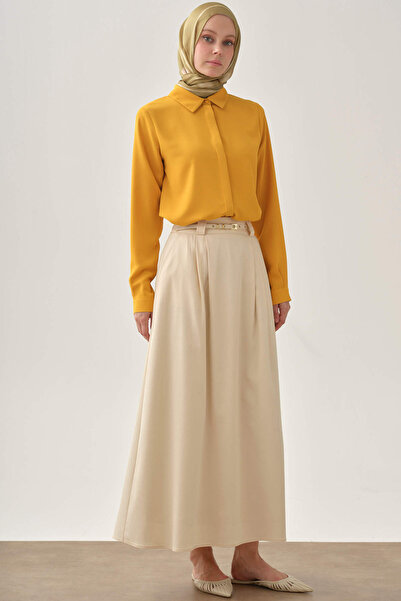 Tuğba Pileli İnce Kemerli Etek - Ekru