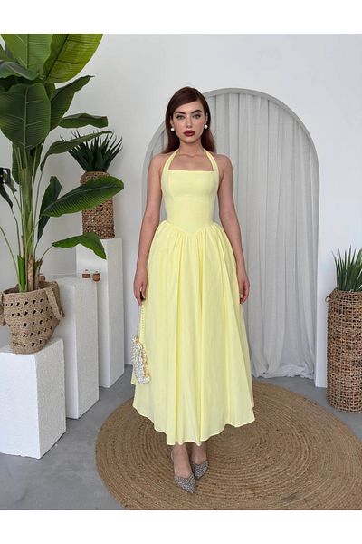 Afiş Butik Yellow Thick Strap Halter Neck Pleated Dress