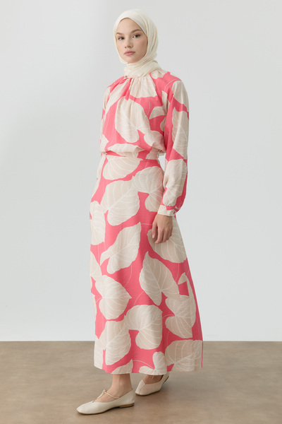 Tuğba Floral Desenli Godeli Etek - Pembe