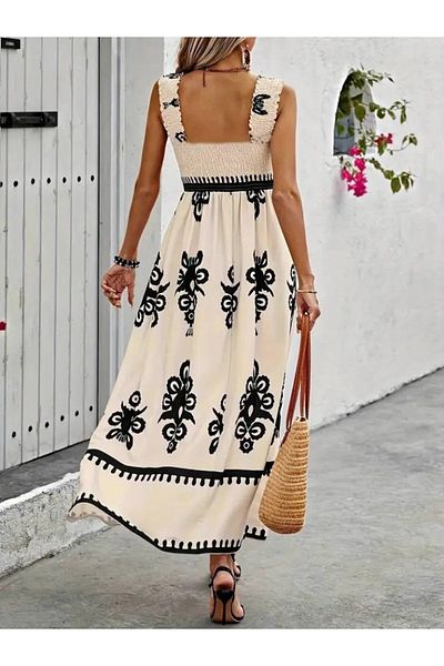 Moda Asmira Women's Strap Square Neck Gipe Detailed Patterned Suprem Dress