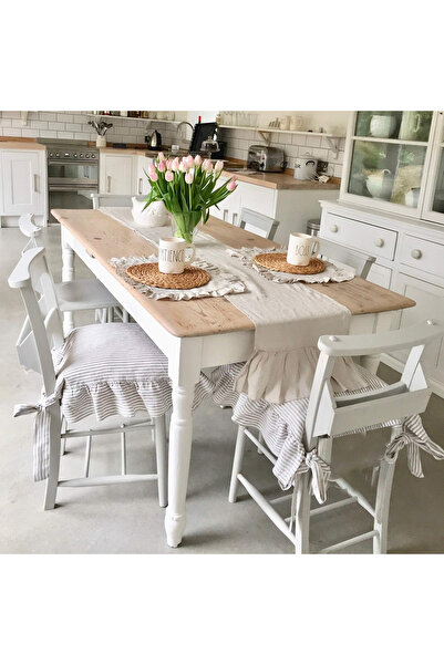 Sister Home Design 4 Adet İskandinav Stil Çizgili Fırfırlı Sandalye Minderi B...