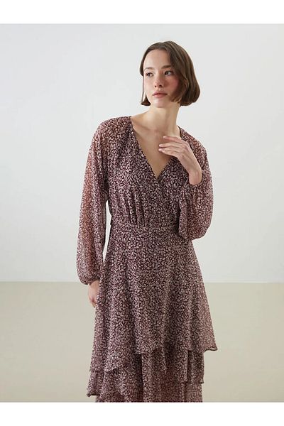 LC Waikiki Lcwaikiki Classic Burgundy Double Breasted Collar Floral Chiffon Women Dress