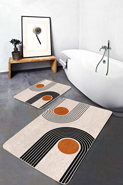 Realhomes Orange Black Striped Modern Geometric Patterned 2-Piece Non-Slip Base Washable Bath Mat Set