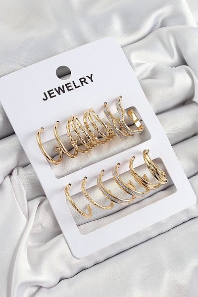 PRATİKOBA Bfs Brass Mixed Ring Model Gold Color 6 Pairs Women's Earrings Set