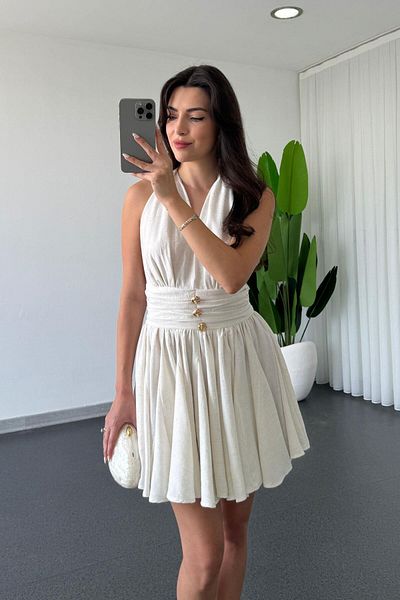 ECEMİ Laun Ecru Halter Neck Flounce Dress