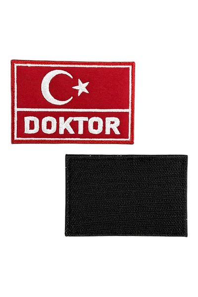 Ex Patch Eșarfă de broderie scrisă Doctor cu steagul turcesc roșu - 8x5 cm
