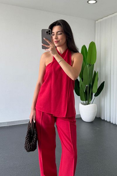 ECEMİ Chess Red Double Breasted Blouse Pants Suit