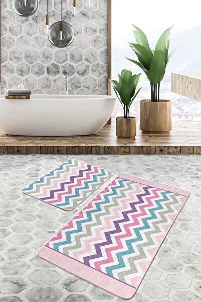 Realhomes مجموعة من 2 سجادة حمام قابلة للغسل بنمط متعرج باللون الوردي والأزرق