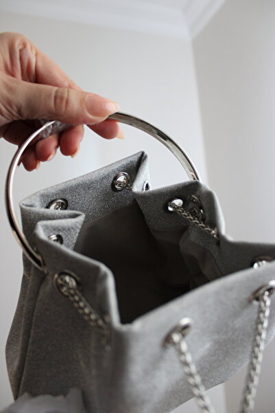 Mimoza Women's Silvery Silver Elegant Metal Handle Silvery Textured Evening Dress Bag