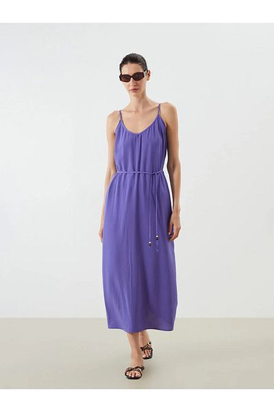 LC Waikiki Lcwaikiki Classic Purple V-Neck A-Line Linen Blend Dress