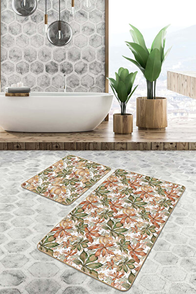 Realhomes مجموعة منشفة حمام قابلة للغسل وقاعدة غير قابلة للانزلاق منقوشة بشكل طبيعي مع أوراق برتقالية وخضراء