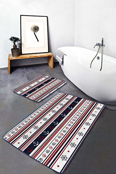 Realhomes Anchor and Rudder Patterned Red-Blue Striped Non-Slip Base Washable...