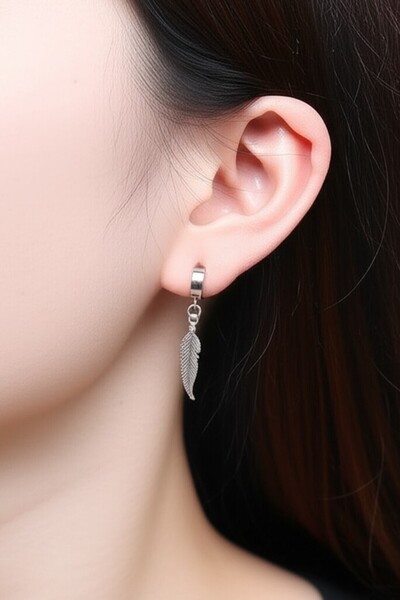 Lynare Compression Holeless Trend Feather Leaf Model Dangle Men's Steel Gray Earrings 1 Piece