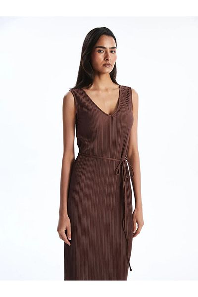 LC Waikiki Lcw eco brown v-neck textured women's dress