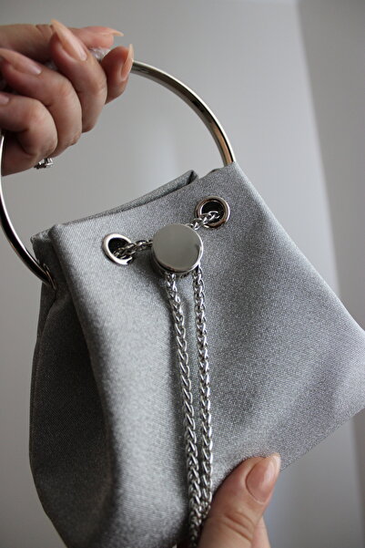 Mimoza Women's Silvery Silver Elegant Metal Handle Silvery Textured Evening Dress Bag