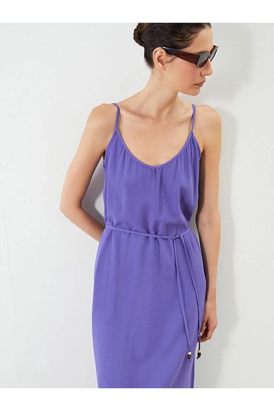 LC Waikiki Lcwaikiki Classic Purple V-Neck A-Line Linen Blend Dress