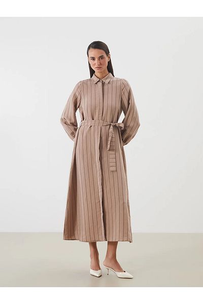 LC Waikiki Lcw Modest Brown Striped Modal Blend Shirt Dress