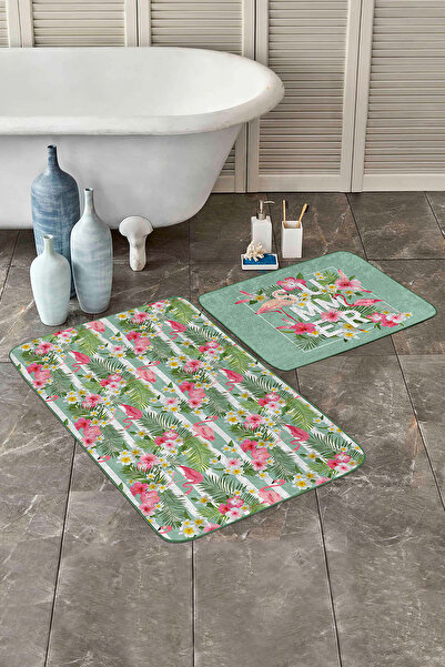 Realhomes مجموعة منشفتين للحمام بنمط استوائي وردي فلامينجو وأوراق خضراء وقاعدة غير قابلة للانزلاق وقابلة للغسل