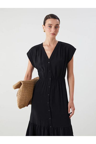 LC Waikiki Lcwaikiki Classic Black V-Neck Textured Waist Dress