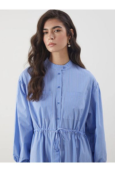 LC Waikiki Lcw modest blue dominant collar striped poplin shirt dress