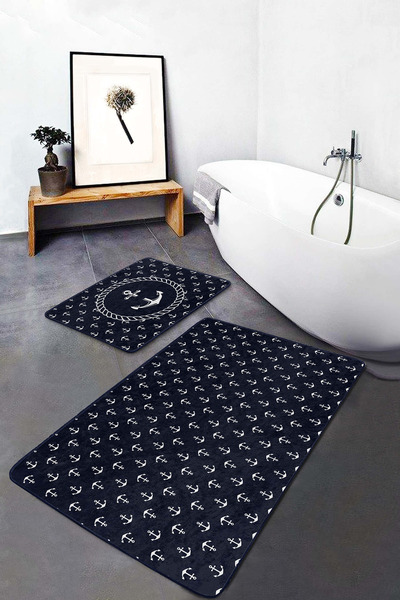 Realhomes Çapa Desenli Lacivert Beyaz 2'li Kaymaz Taban Yıkanabilir Banyo Pas...