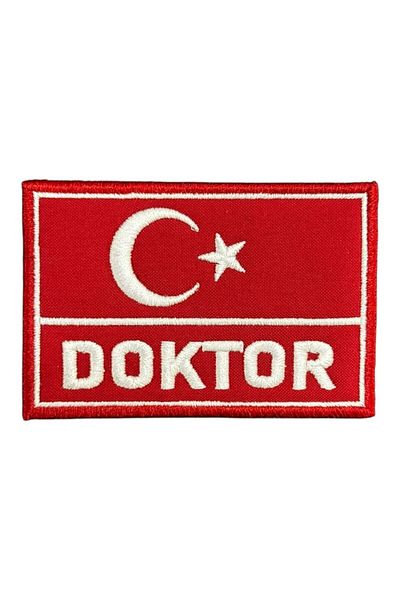 Ex Patch Eșarfă de broderie scrisă Doctor cu steagul turcesc roșu - 8x5 cm