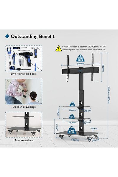 BONTEC TV stand, Bontec, mobile, 30-70 inch screens, rotating, adjustable, 40 kg max, tempered glass, stainless steel