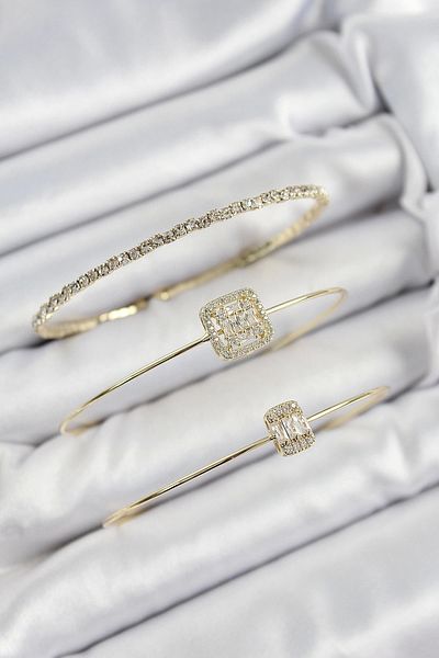 PRATİKOBA Bfs Brass Zircon Stone Baguette Model Gold Color Vip 3-Piece Women's Bracelet