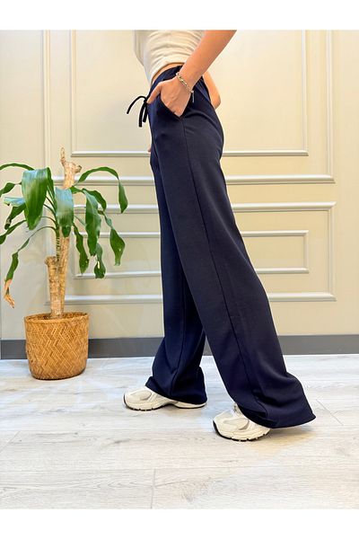 geenz manifacture Παντελόνι Palazzo με κορδόνια με ελαστική μέση Navy Blue Lycra Crepe Fabric