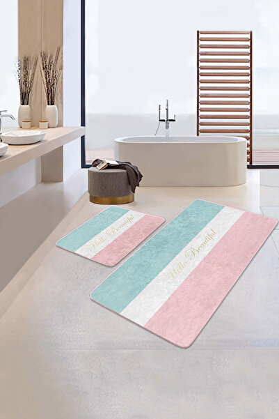 Realhomes Pembe-Mavi Beyaz Şeritli Yazılı Tasarım 2'li Kaymaz Taban Yıkanabil...
