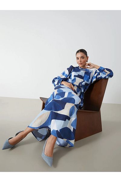 LC Waikiki Lcwaikiki Classic Blue Crew Neck Print Women's Dress