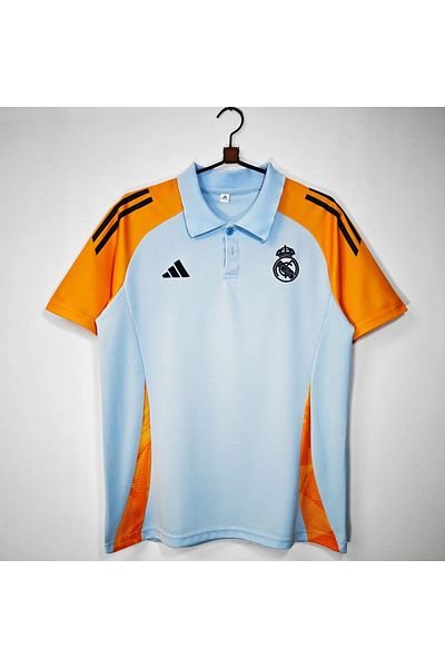 ماركة غير محددة Real Madrid Men's 24/25 Training Polo Shirt in Light Blue and Orange.