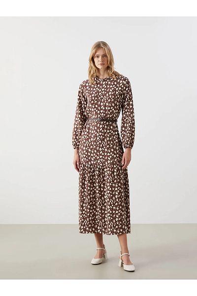 LC Waikiki Lcw Modest Brown Stand Collar Print Women's Dress