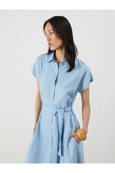 LC Waikiki Lcwaikiki classic indigo shirt collar belted jean dress