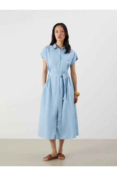 LC Waikiki Lcwaikiki classic indigo shirt collar belted jean dress