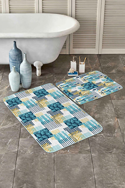 Realhomes مجموعة منشفة حمام قابلة للغسل وقاعدة غير قابلة للانزلاق بنمط هندسي وطبيعي من الخردل الأزرق مكونة من قطعتين