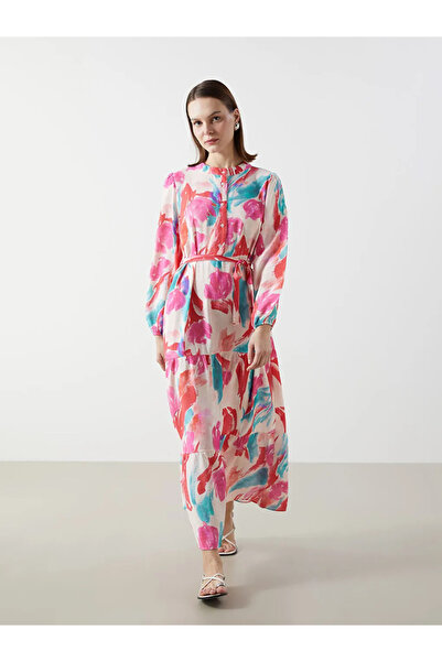 LC Waikiki Γυναικείο φόρεμα LCW Modest σε ροζ απόχρωση με μοτίβο σε σχήμα V