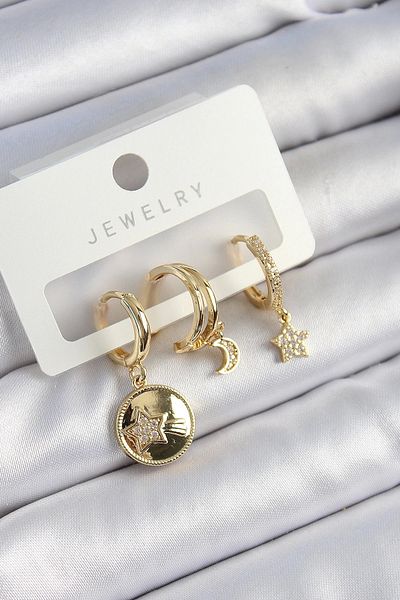 PRATİKOBA Bfs brass zircon stone star and moon model gold color 3-piece double women's earring set