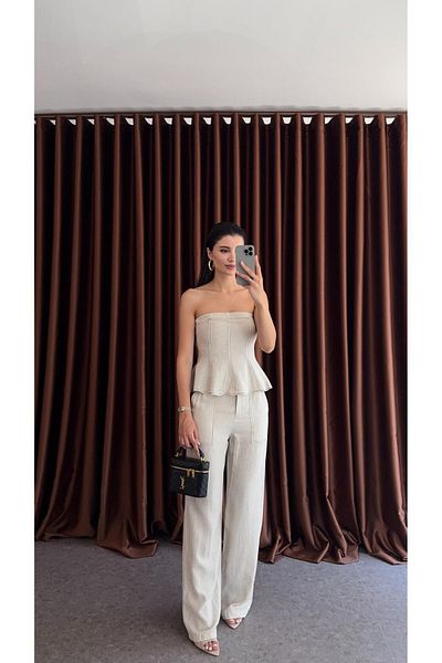 HAZELANNA Contrast Stitched Beige Blouse-Pants Linen Suit
