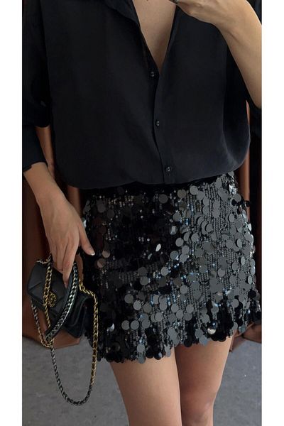 HAZELANNA Black Sequin Shorts Skirt