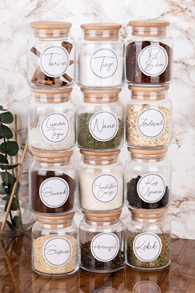 Minya Home مجموعة من 12 وعاء توابل، برطمان زجاجي، غطاء خشبي طبيعي، مفرغ من ال...