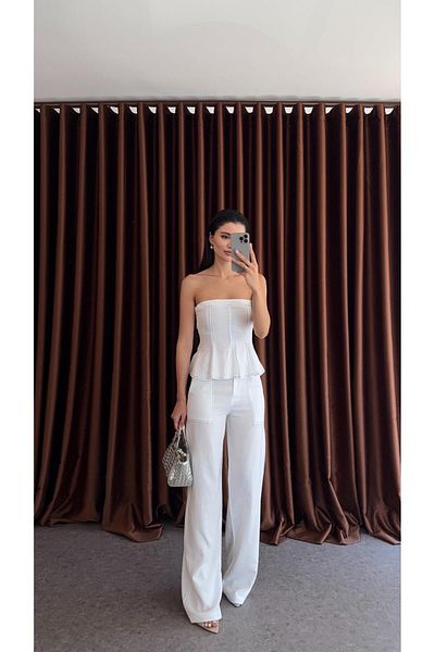 HAZELANNA Contrast Stitched White Blouse-Pants Linen Suit