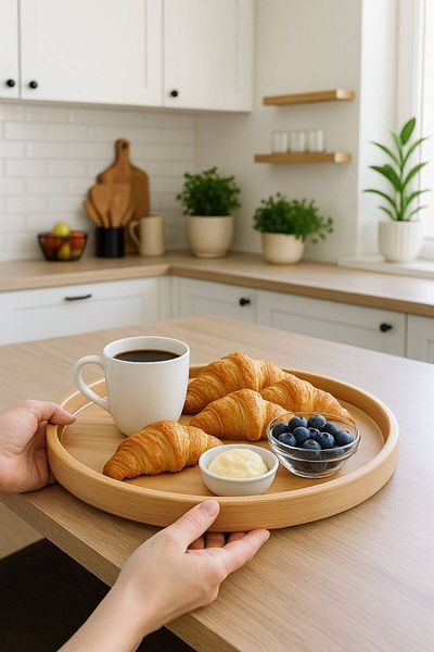ENYAZA(2024) Natural Bamboo Set of 2 Round Presentation Trays – Non-Slip & Ergonomic Grip Handles