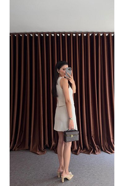 HAZELANNA Eyelet Beige Vest-Skirt Suit