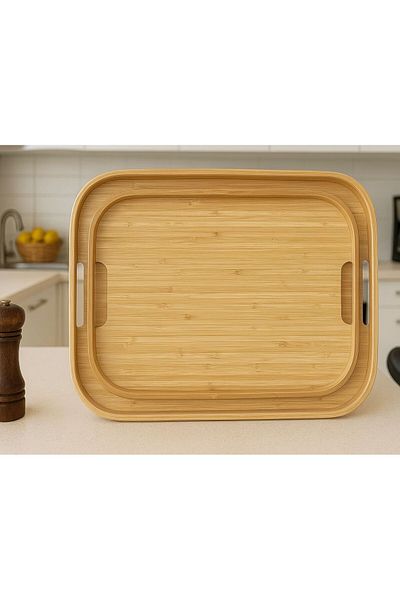 ENYAZA(2024) Natural Bamboo Set of 2 Rectangular Presentation Trays – Non-Slip & Ergonomic Grip Handles