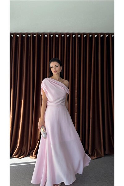 HAZELANNA Düşük Omuz Pembe Elbise