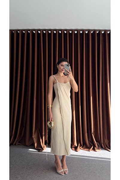 HAZELANNA Önü Kapak Detaylı Krem Elbise