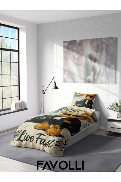 FAVOLLİ Cute Racer Bear Single High Quality Duvet Cover Set