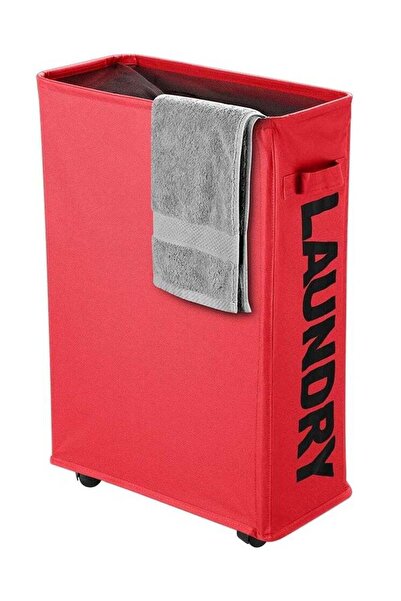 Arabest سلة غسيل رفيعة متدحرجة بعجلات، قابلة للطي، لون أحمر