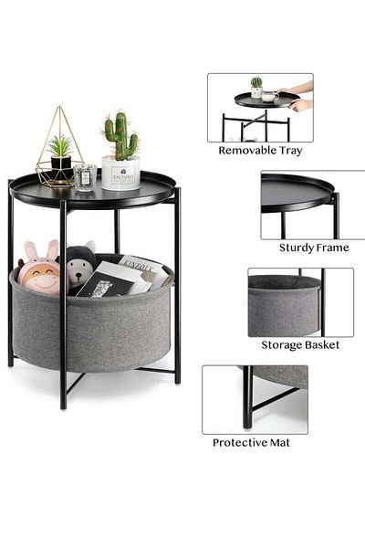 COOYA Round Side Table Coffee Table Teapoy with Fabric Storage Basket,Metal Small Bedside Table Nightstand